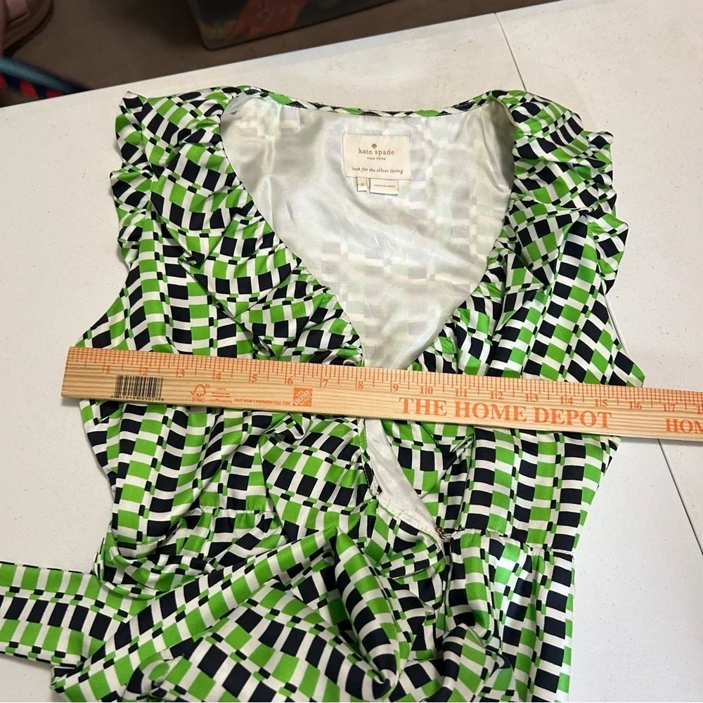 Kate Spade Aubrey Wrap Silk Geo Print Ruffle Green Black Dress Size 0 N2
